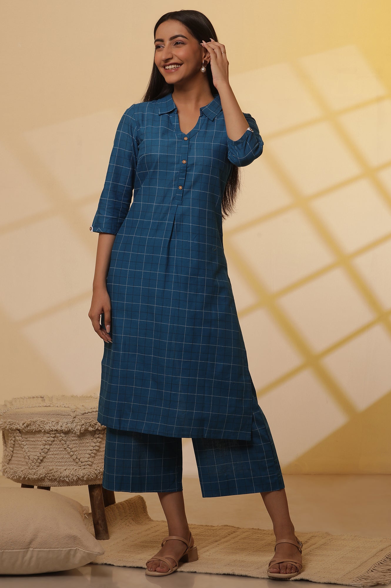 Blue-Checker-Cotton-Shirt-Kurta-and-Culottes-Set