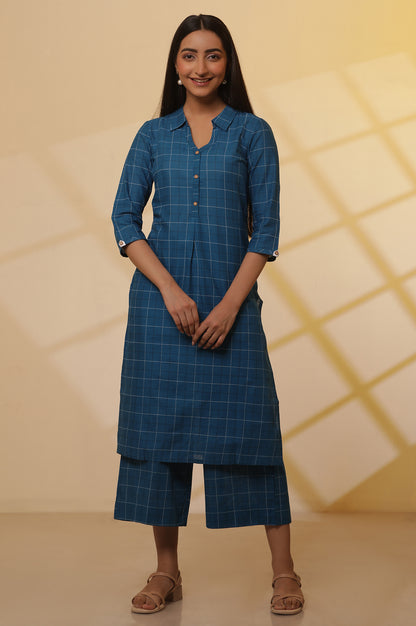 Blue-Checker-Cotton-Shirt-Kurta-and-Culottes-Set