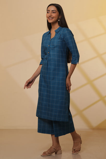 Blue-Checker-Cotton-Shirt-Kurta-and-Culottes-Set