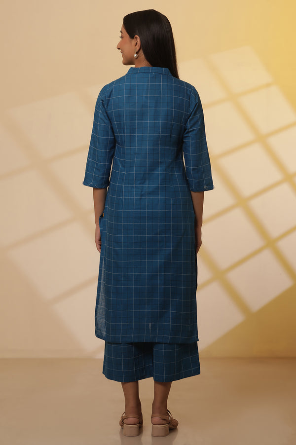 Blue Checker Cotton Shirt Kurta and Culottes Set