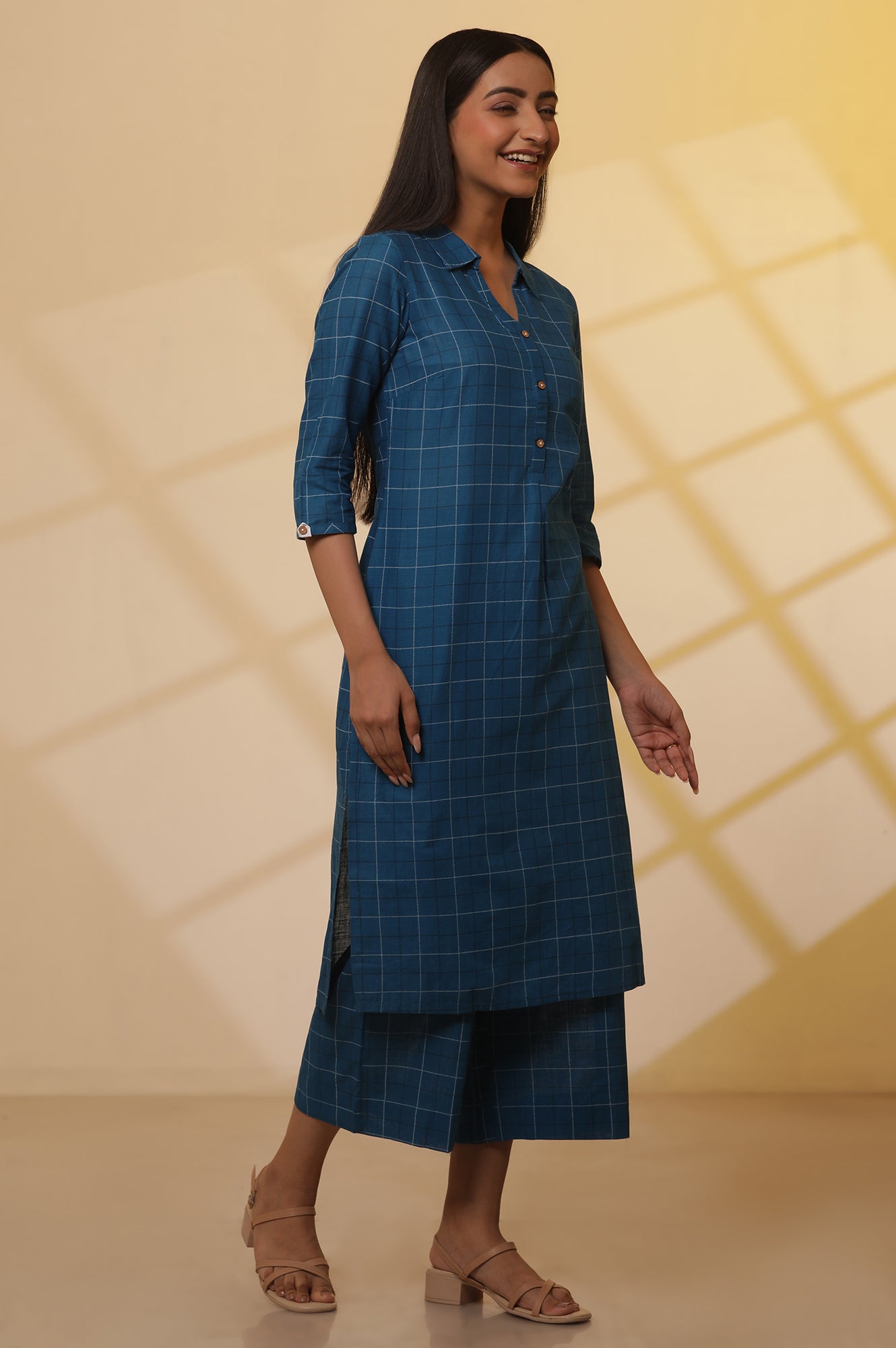 Blue-Checker-Cotton-Shirt-Kurta-and-Culottes-Set