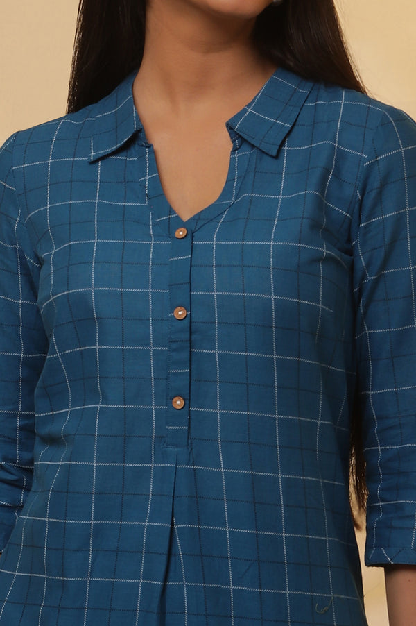 Blue Checker Cotton Shirt Kurta and Culottes Set
