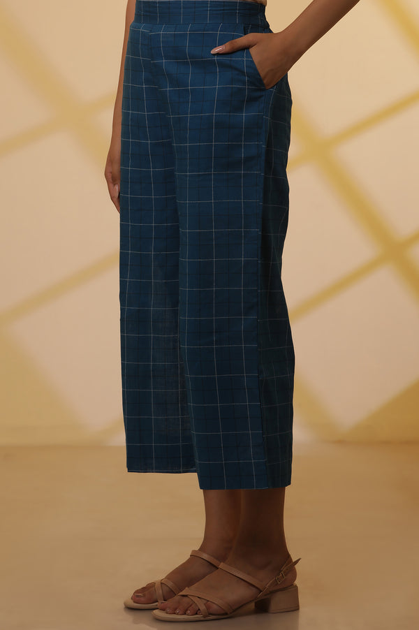 Blue Checker Cotton Shirt Kurta and Culottes Set