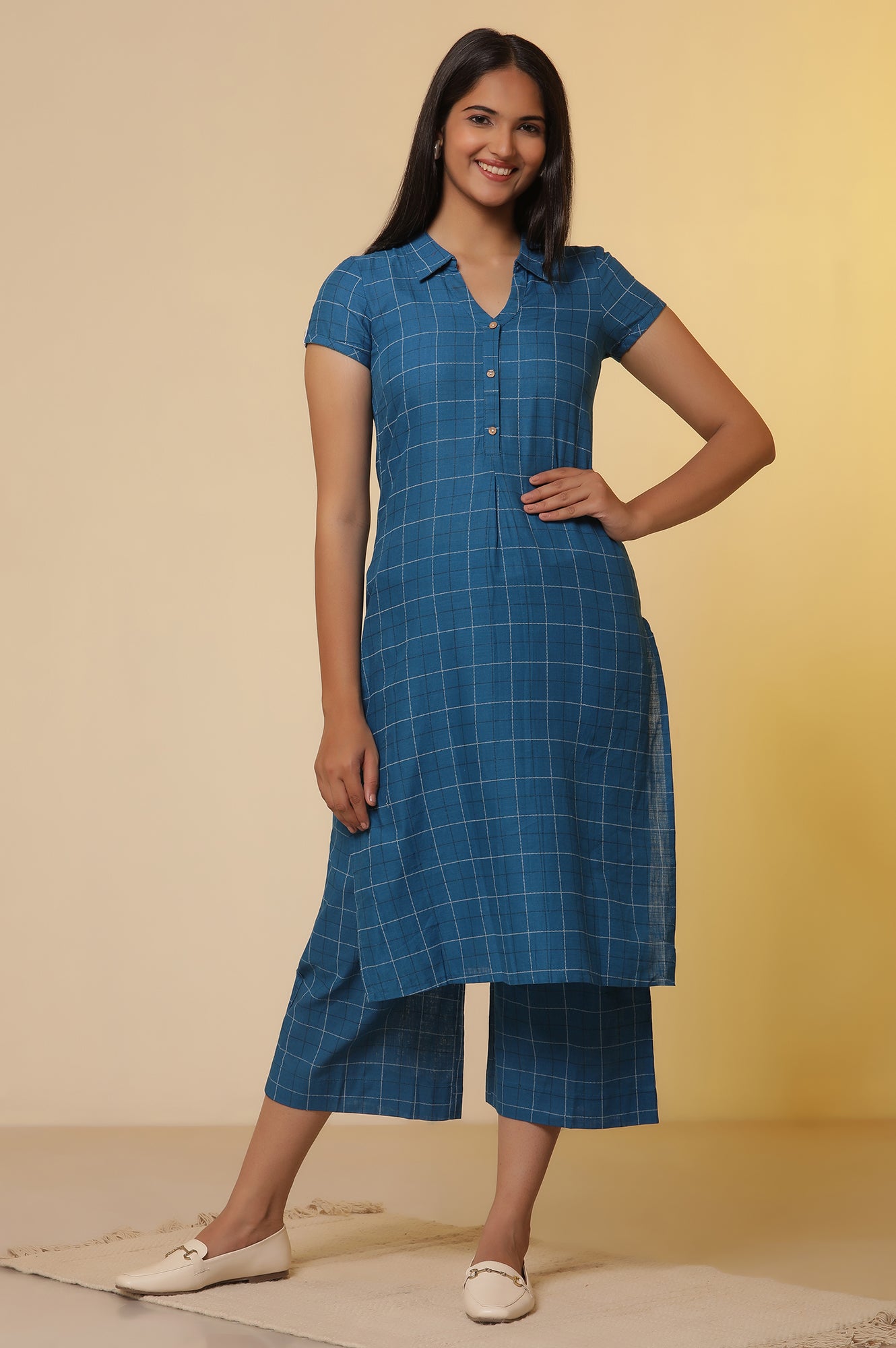 Blue-Checker-Cotton-Shirt-Kurta-and-Culottes-Set