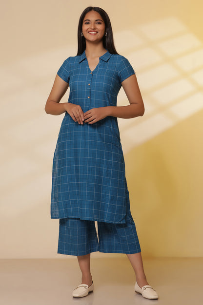 Blue-Checker-Cotton-Shirt-Kurta-and-Culottes-Set