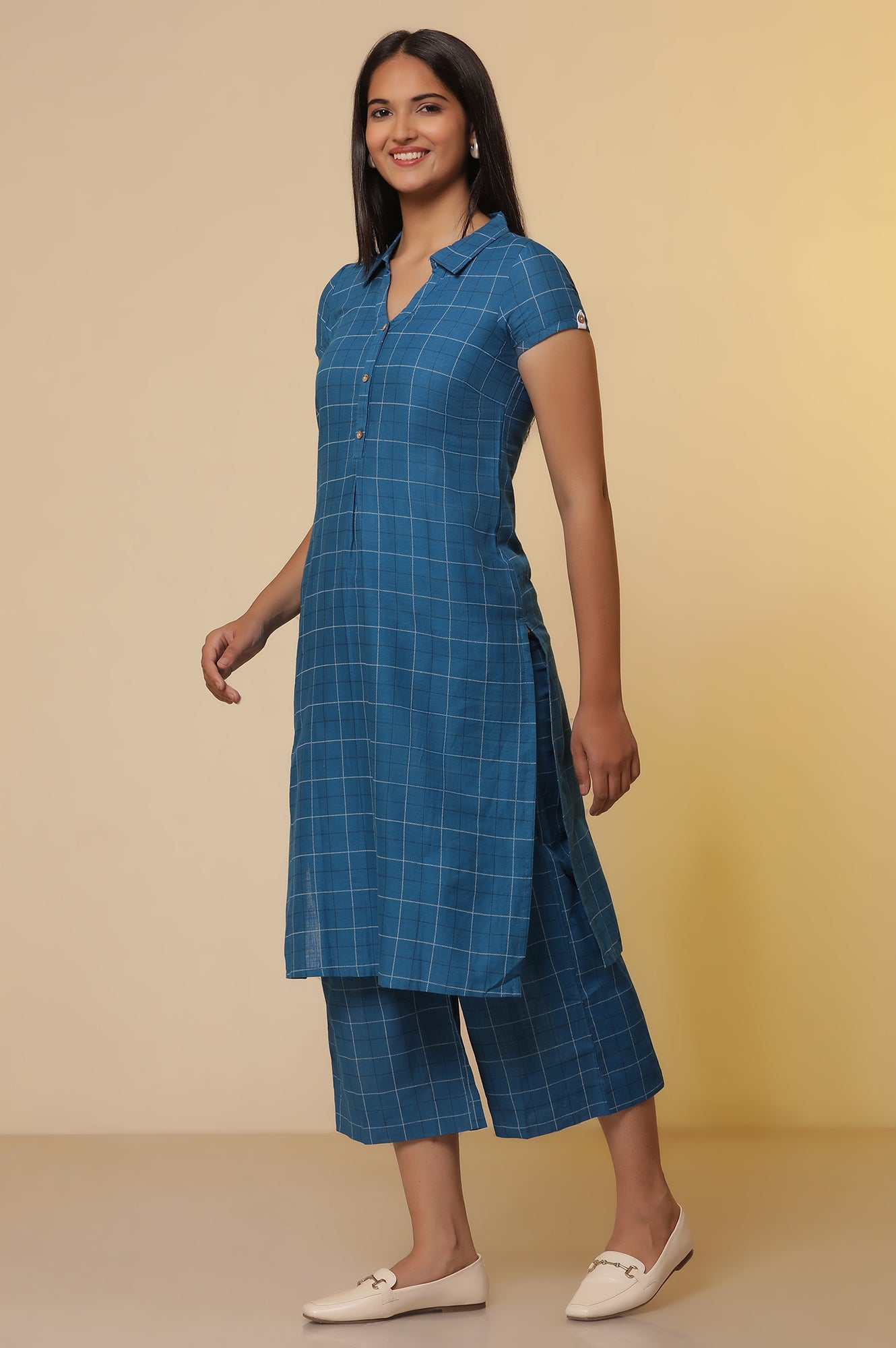 Blue-Checker-Cotton-Shirt-Kurta-and-Culottes-Set