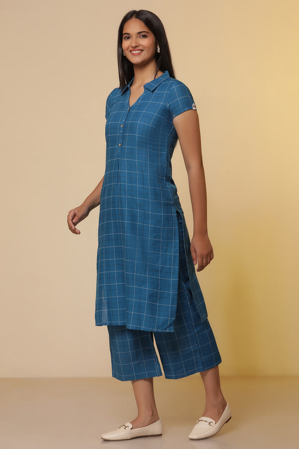 Blue Checker Cotton Shirt Kurta and Culottes Set
