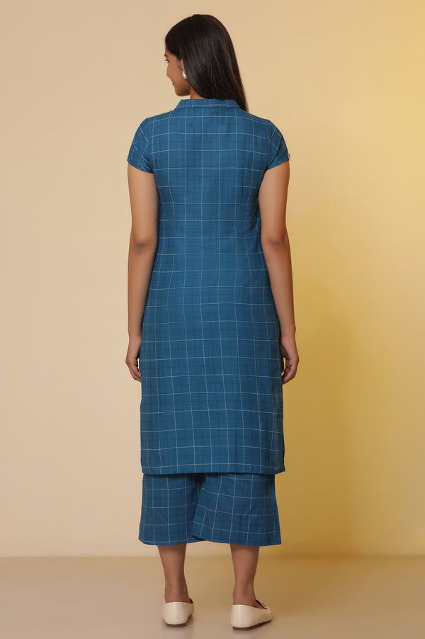 Blue Checker Cotton Shirt Kurta and Culottes Set