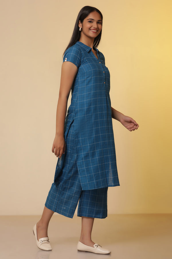 Blue Checker Cotton Shirt Kurta and Culottes Set