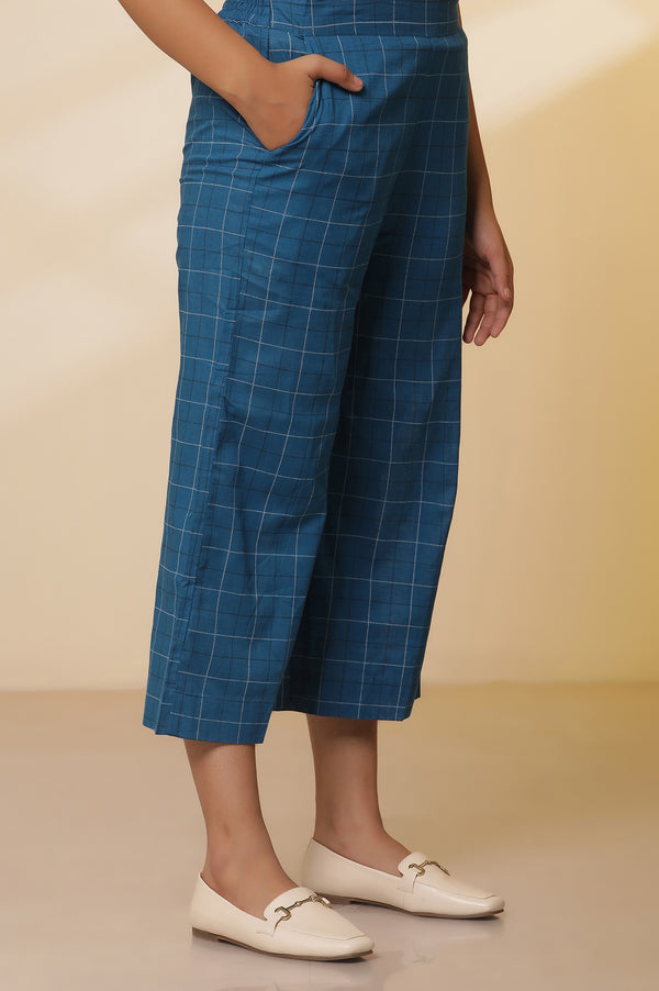 Blue Checker Cotton Shirt Kurta and Culottes Set