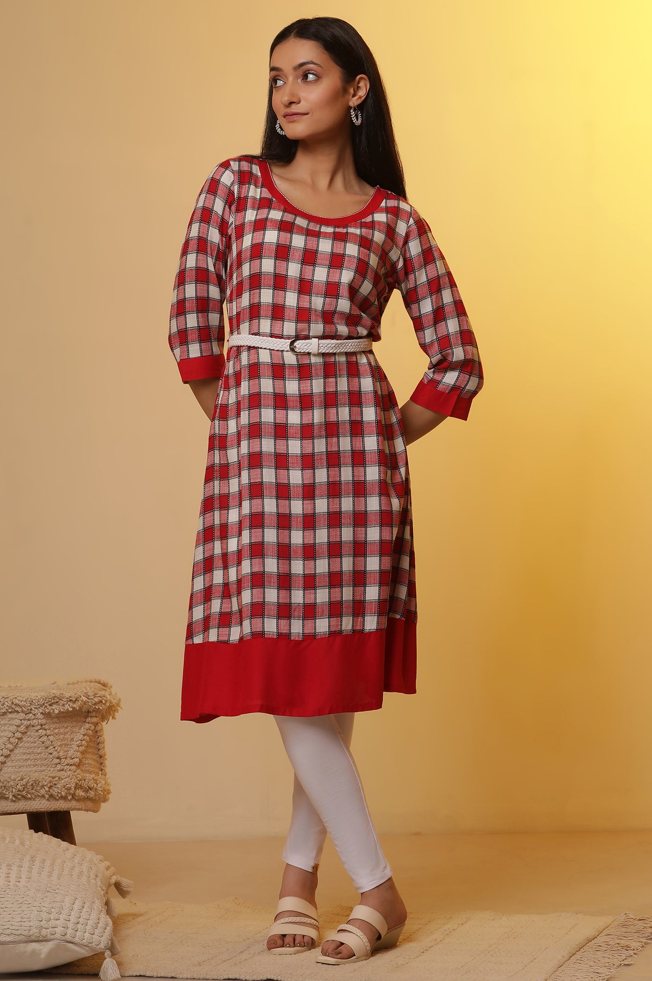 Red and White Checker Kurta and Tights Set