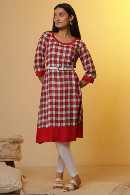 Red and White Checker Kurta and Tights Set