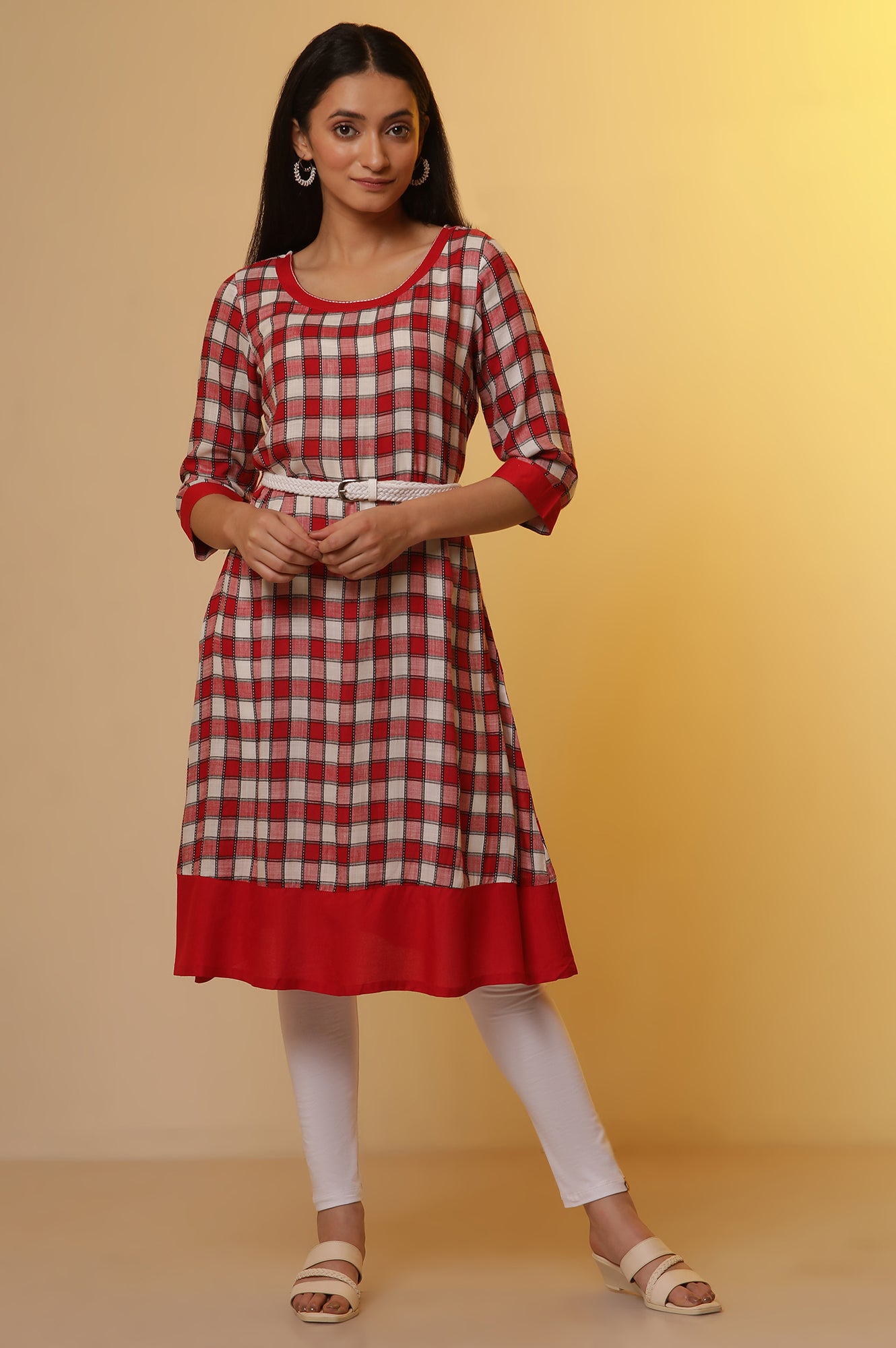 Red and White Checker Kurta and Tights Set