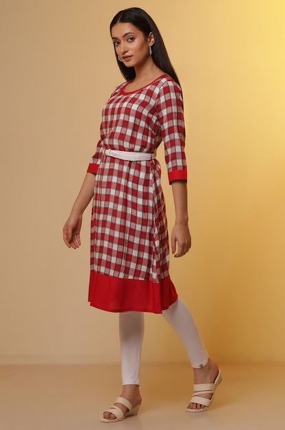 Red and White Checker Kurta and Tights Set