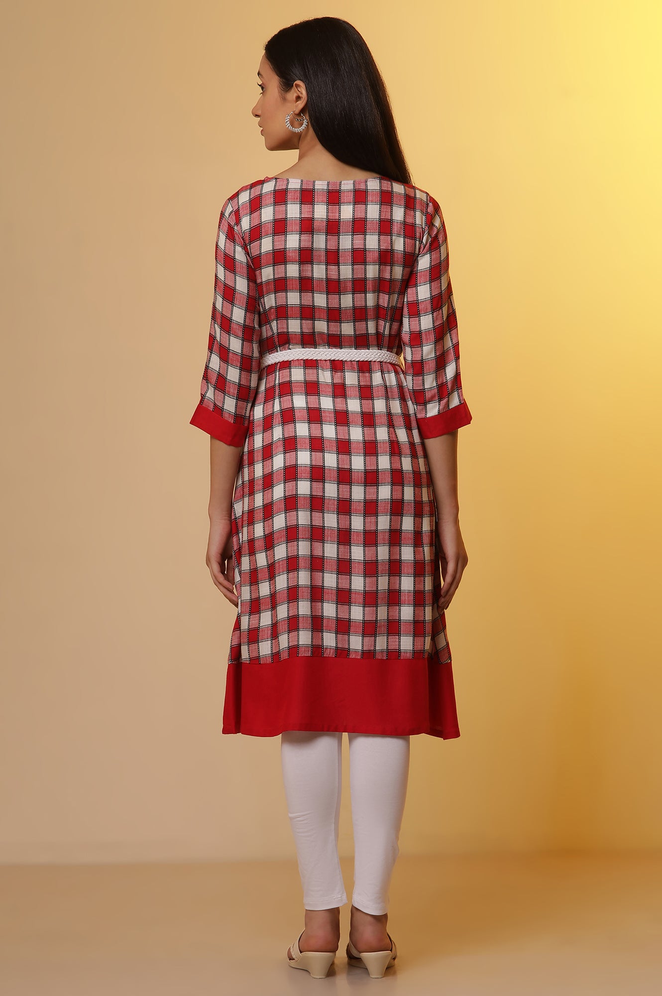 Red and White Checker Kurta and Tights Set