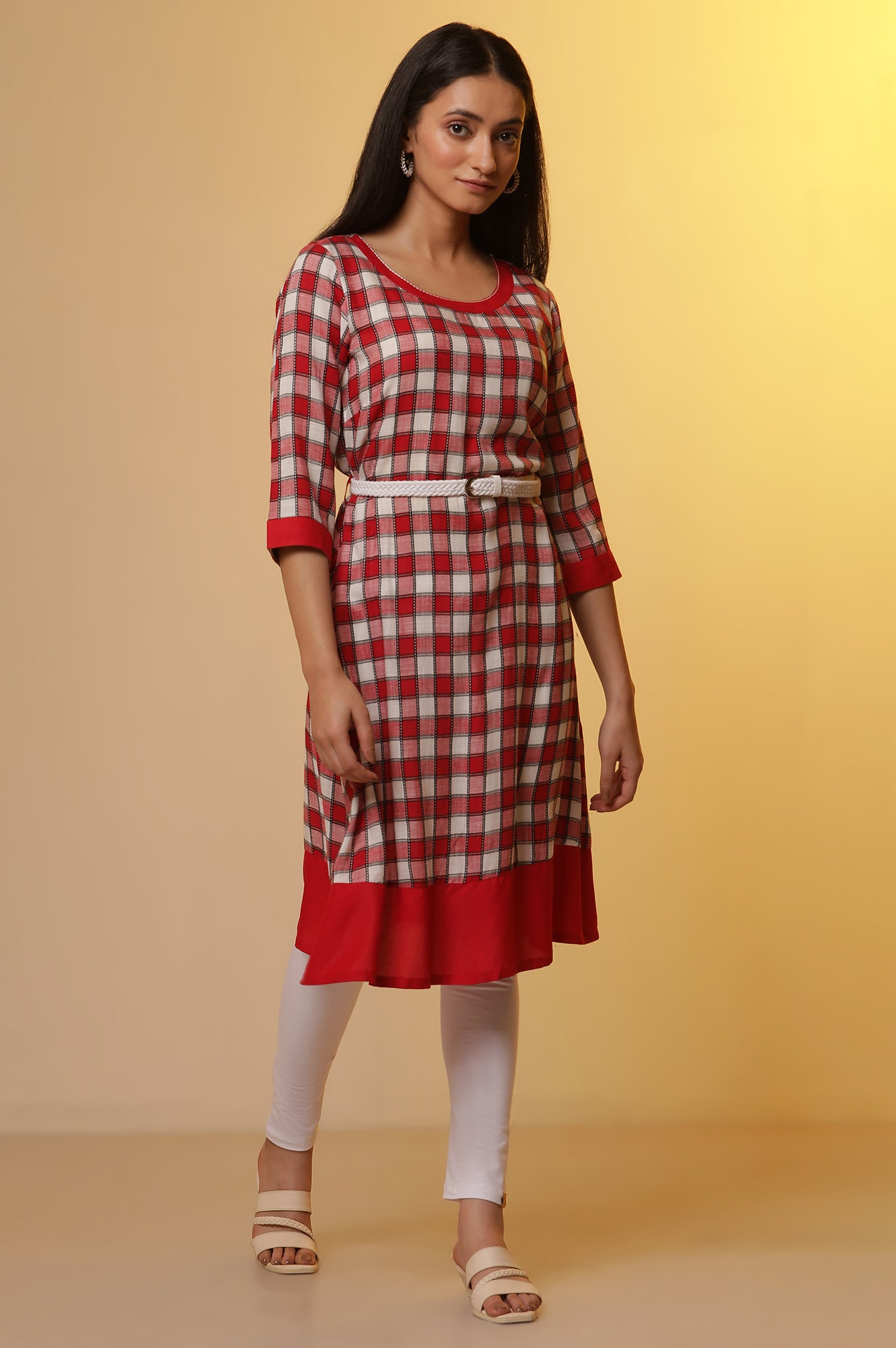 Red and White Checker Kurta and Tights Set