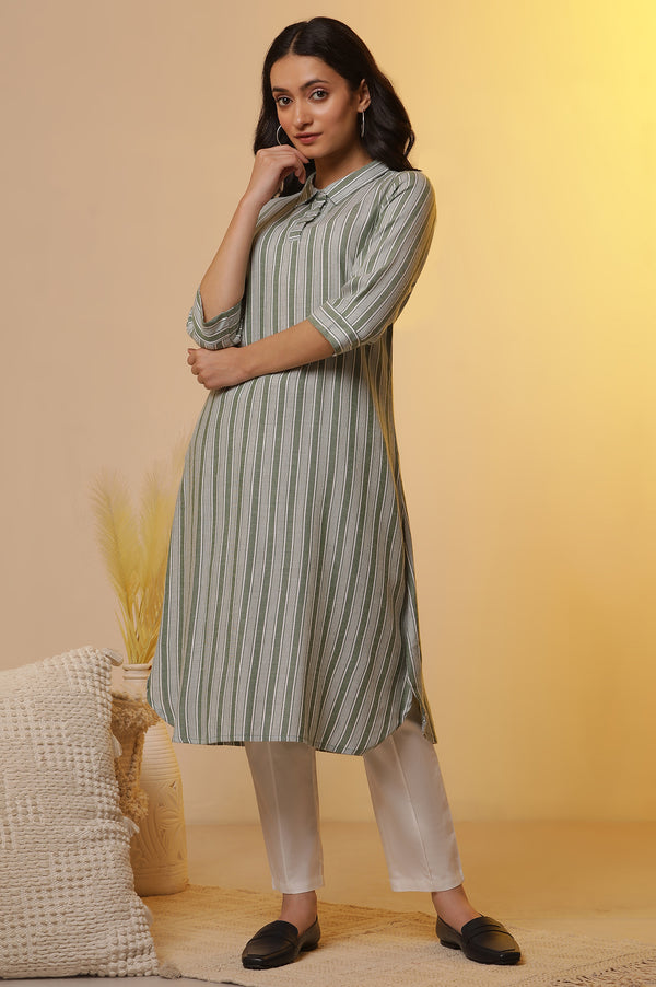 Green Stripe Printed Shirt Collar Kurta and Trousers Set