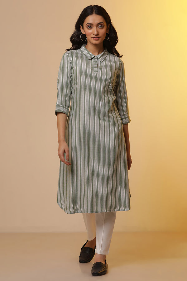 Green Stripe Printed Shirt Collar Kurta and Trousers Set