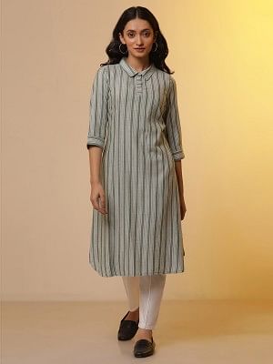 Green Stripe Printed Shirt Collar Kurta and Trousers Set