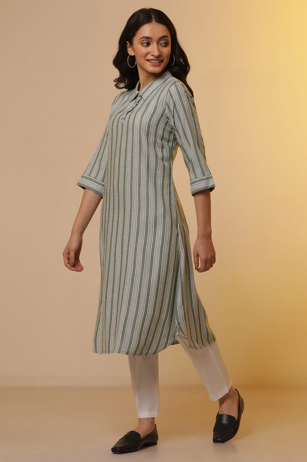 Green Stripe Printed Shirt Collar Kurta and Trousers Set