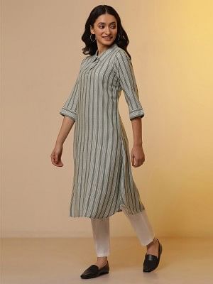 Green Stripe Printed Shirt Collar Kurta and Trousers Set