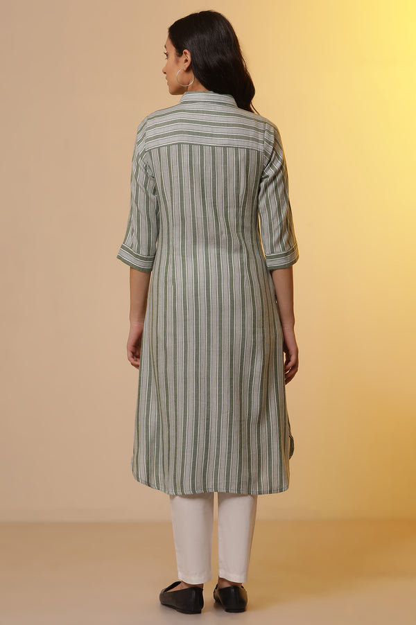 Green Stripe Printed Shirt Collar Kurta and Trousers Set