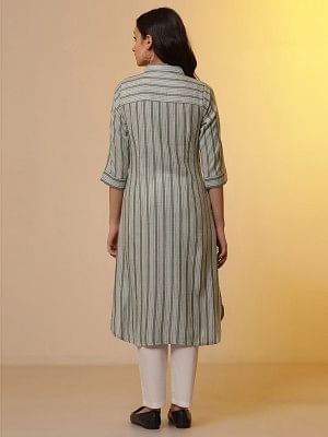 Green Stripe Printed Shirt Collar Kurta and Trousers Set