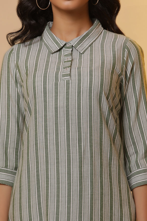 Green Stripe Printed Shirt Collar Kurta and Trousers Set