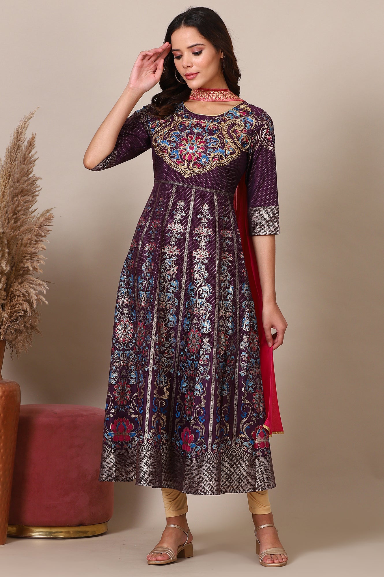 Purple Zari Embroidered Flared Dress and Tigts Set with Chocker Dupatta Set