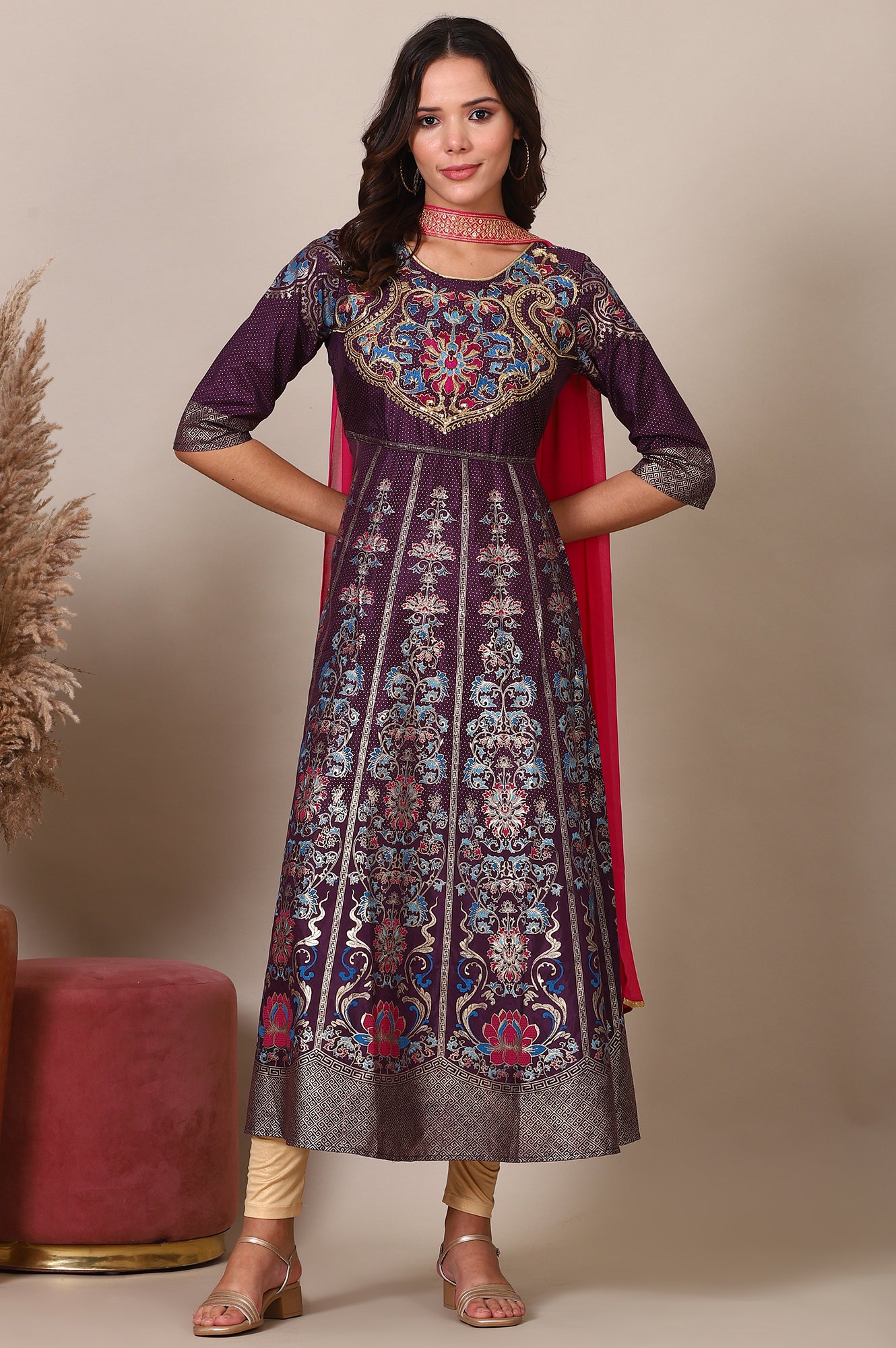 Purple Zari Embroidered Flared Dress and Tigts Set with Chocker Dupatta Set