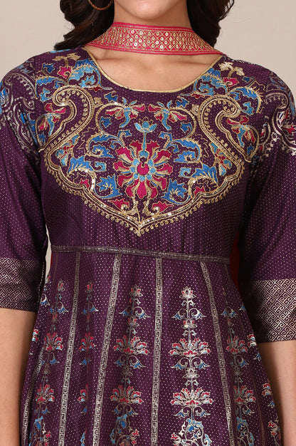 Purple Zari Embroidered Flared Dress and Tigts Set with Chocker Dupatta Set