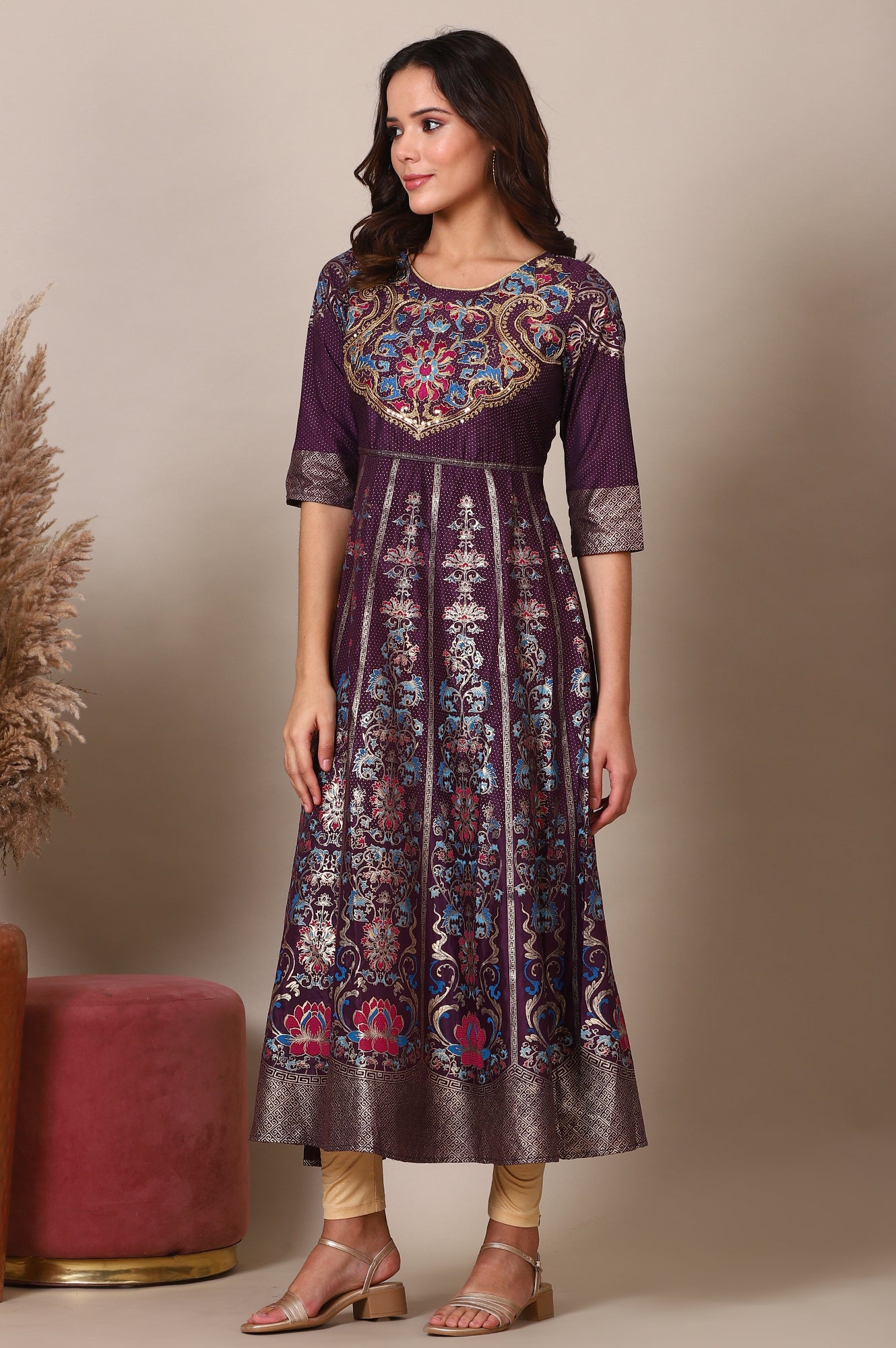 Purple Zari Embroidered Flared Dress and Tigts Set with Chocker Dupatta Set