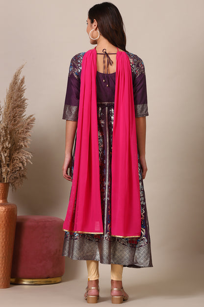 Purple Zari Embroidered Flared Dress and Tigts Set with Chocker Dupatta Set