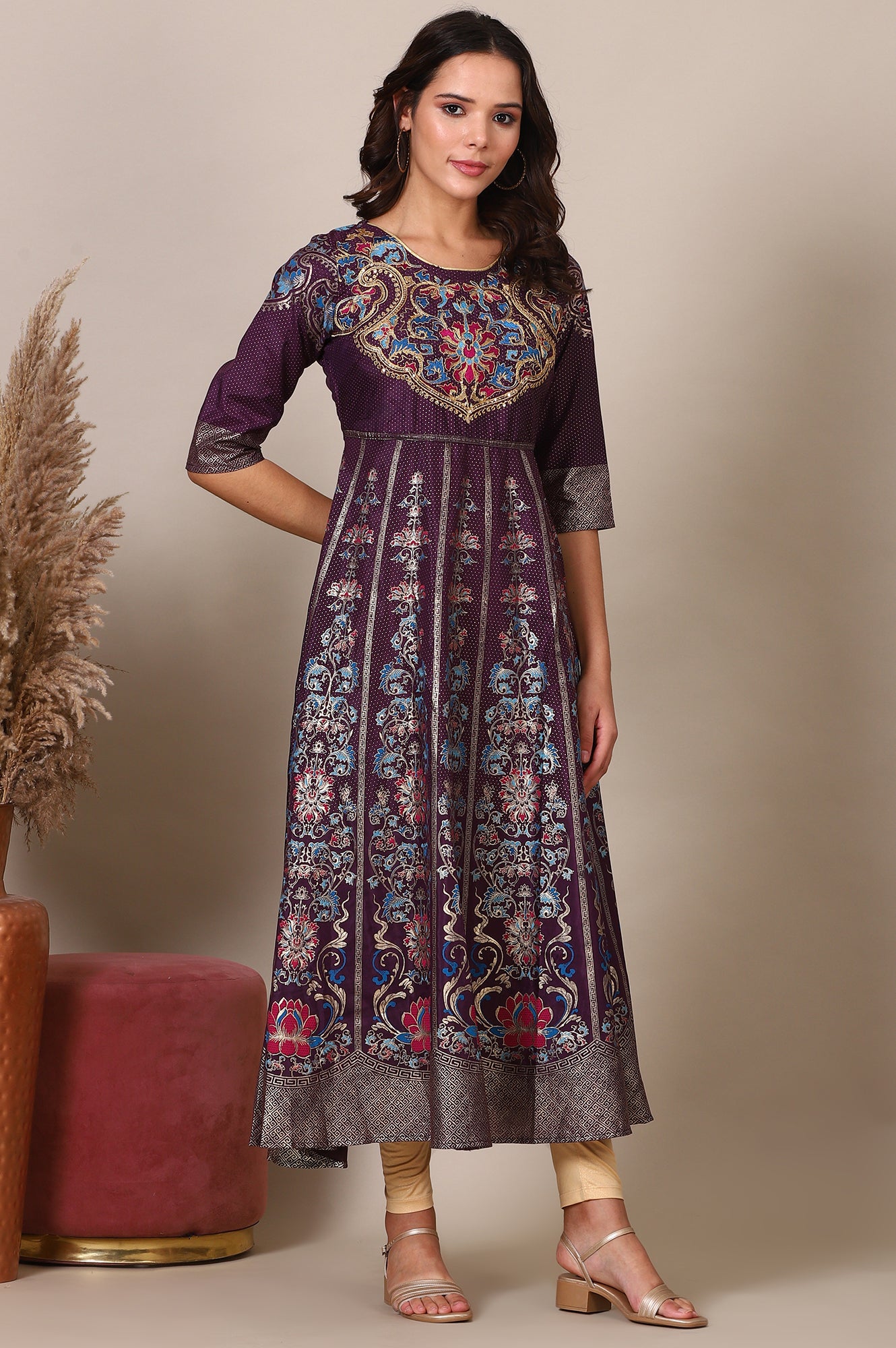 Purple Zari Embroidered Flared Dress and Tigts Set with Chocker Dupatta Set