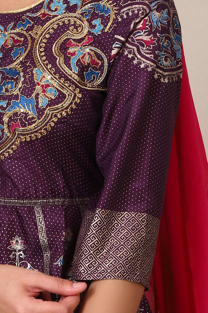 Purple Zari Embroidered Flared Dress and Tigts Set with Chocker Dupatta Set