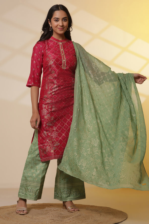 Pink Floral Foil Printed Sequined Straight Kurta, Green Printed Palazzo and Dupatta Set