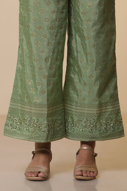 Pink-Floral-Foil-Printed-Sequined-Straight-Kurta,-Green-Printed-Palazzo-and-Dupatta-Set