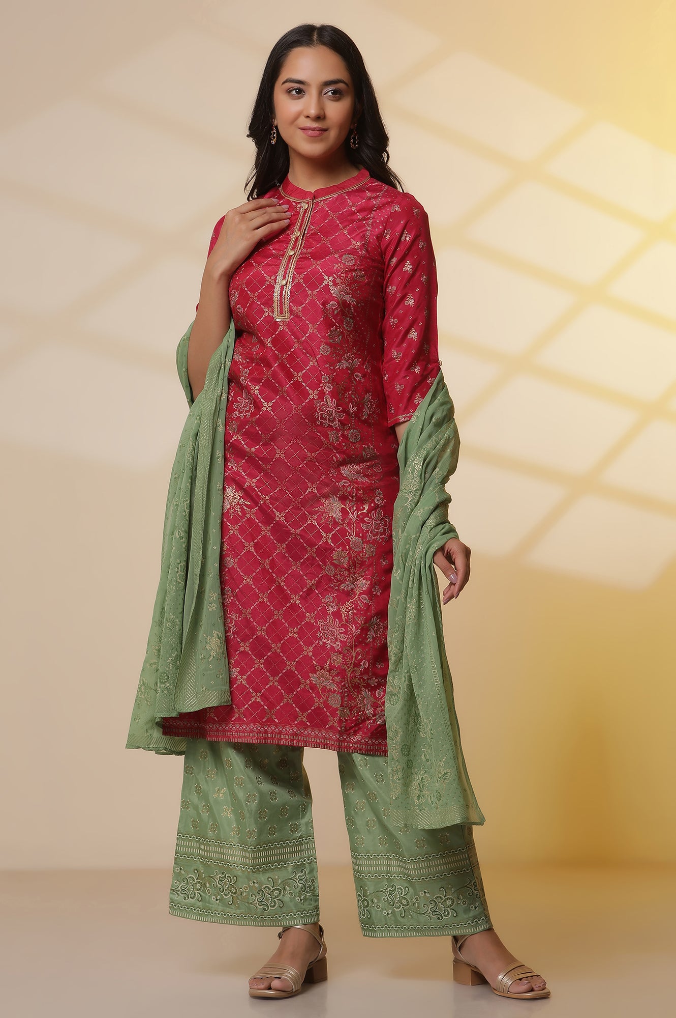 Pink-Floral-Foil-Printed-Sequined-Straight-Kurta,-Green-Printed-Palazzo-and-Dupatta-Set