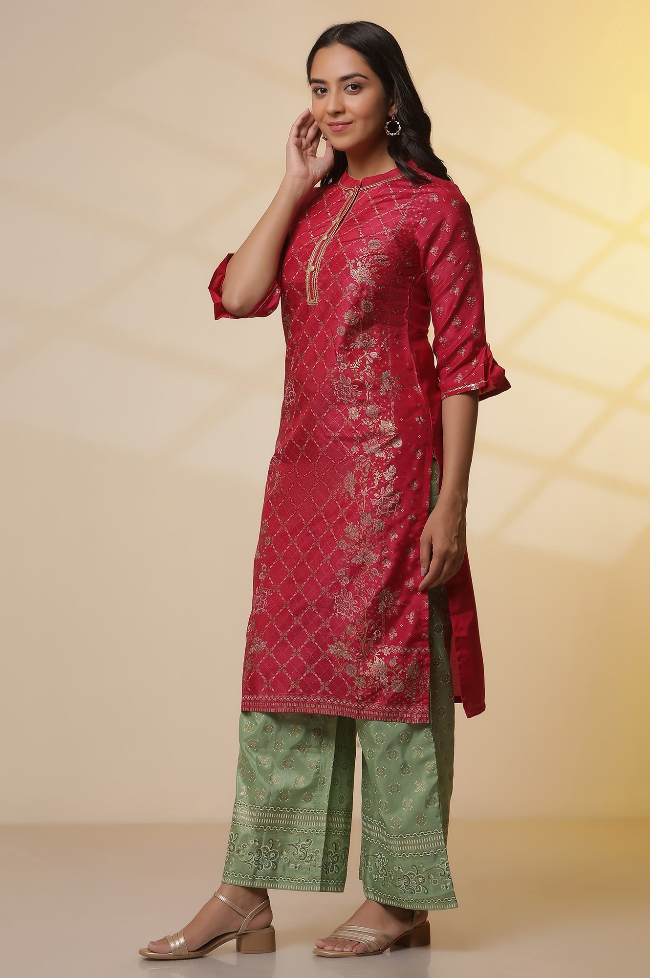 Pink-Floral-Foil-Printed-Sequined-Straight-Kurta,-Green-Printed-Palazzo-and-Dupatta-Set