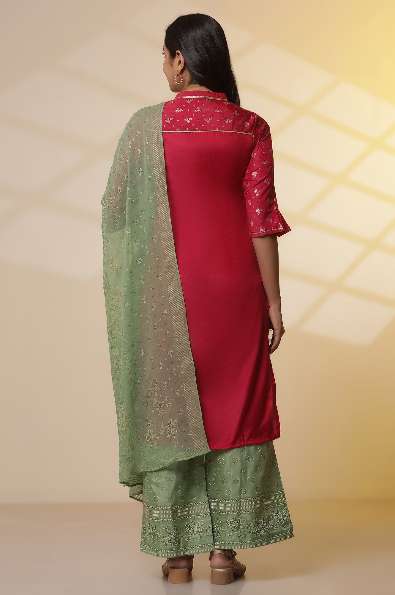 Pink-Floral-Foil-Printed-Sequined-Straight-Kurta,-Green-Printed-Palazzo-and-Dupatta-Set