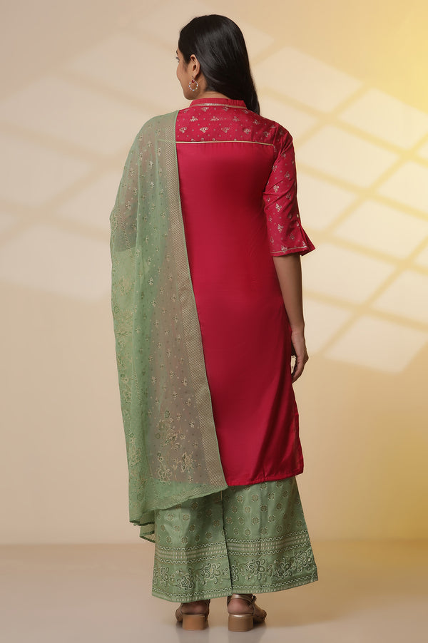 Pink Floral Foil Printed Sequined Straight Kurta, Green Printed Palazzo and Dupatta Set