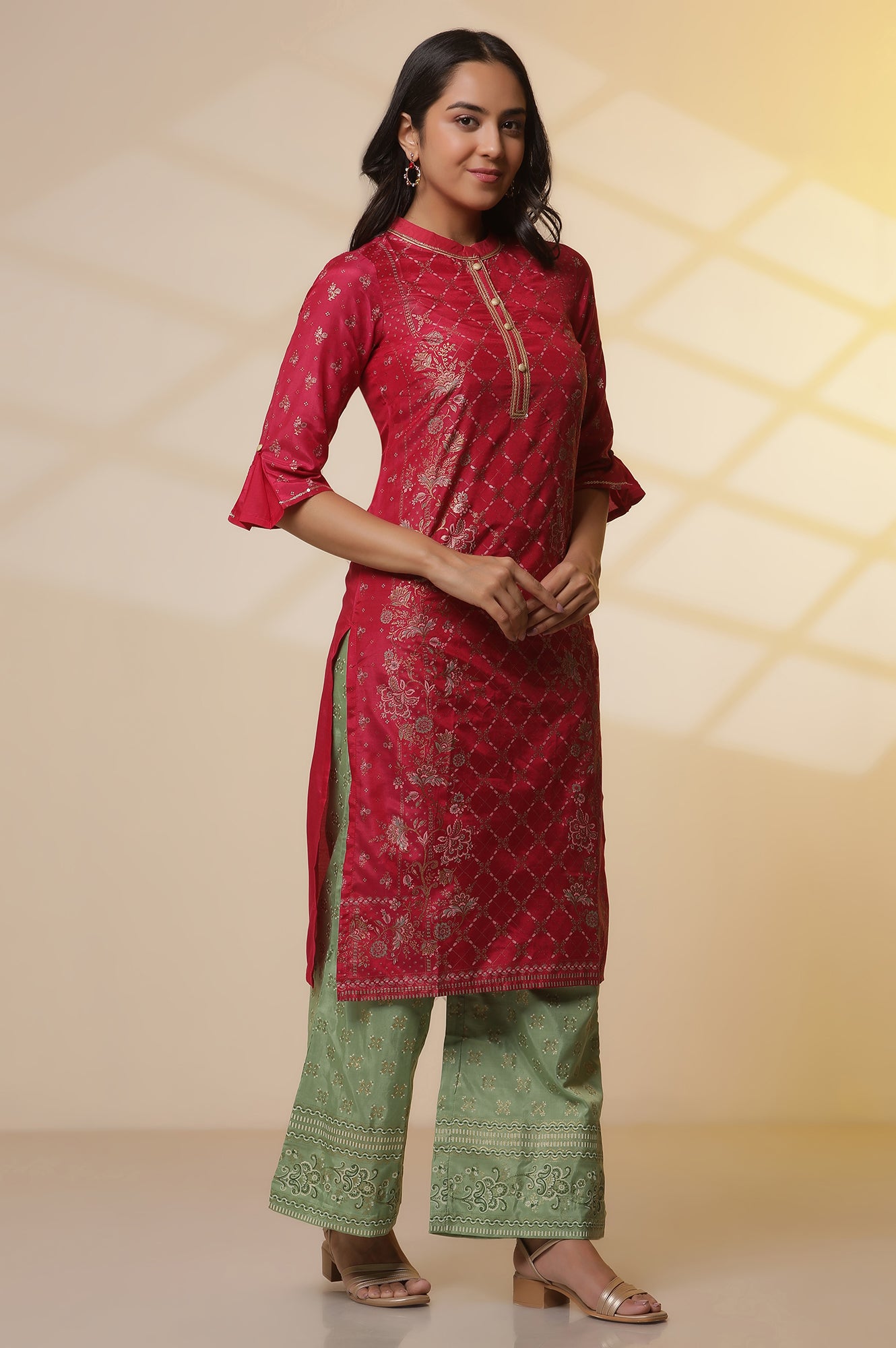 Pink-Floral-Foil-Printed-Sequined-Straight-Kurta,-Green-Printed-Palazzo-and-Dupatta-Set