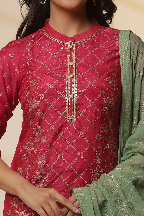 Pink Floral Foil Printed Sequined Straight Kurta, Green Printed Palazzo and Dupatta Set