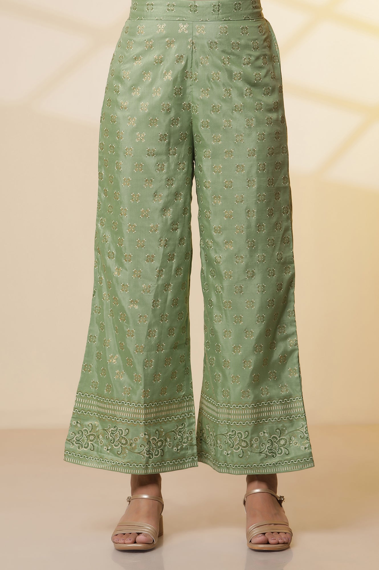 Pink-Floral-Foil-Printed-Sequined-Straight-Kurta,-Green-Printed-Palazzo-and-Dupatta-Set