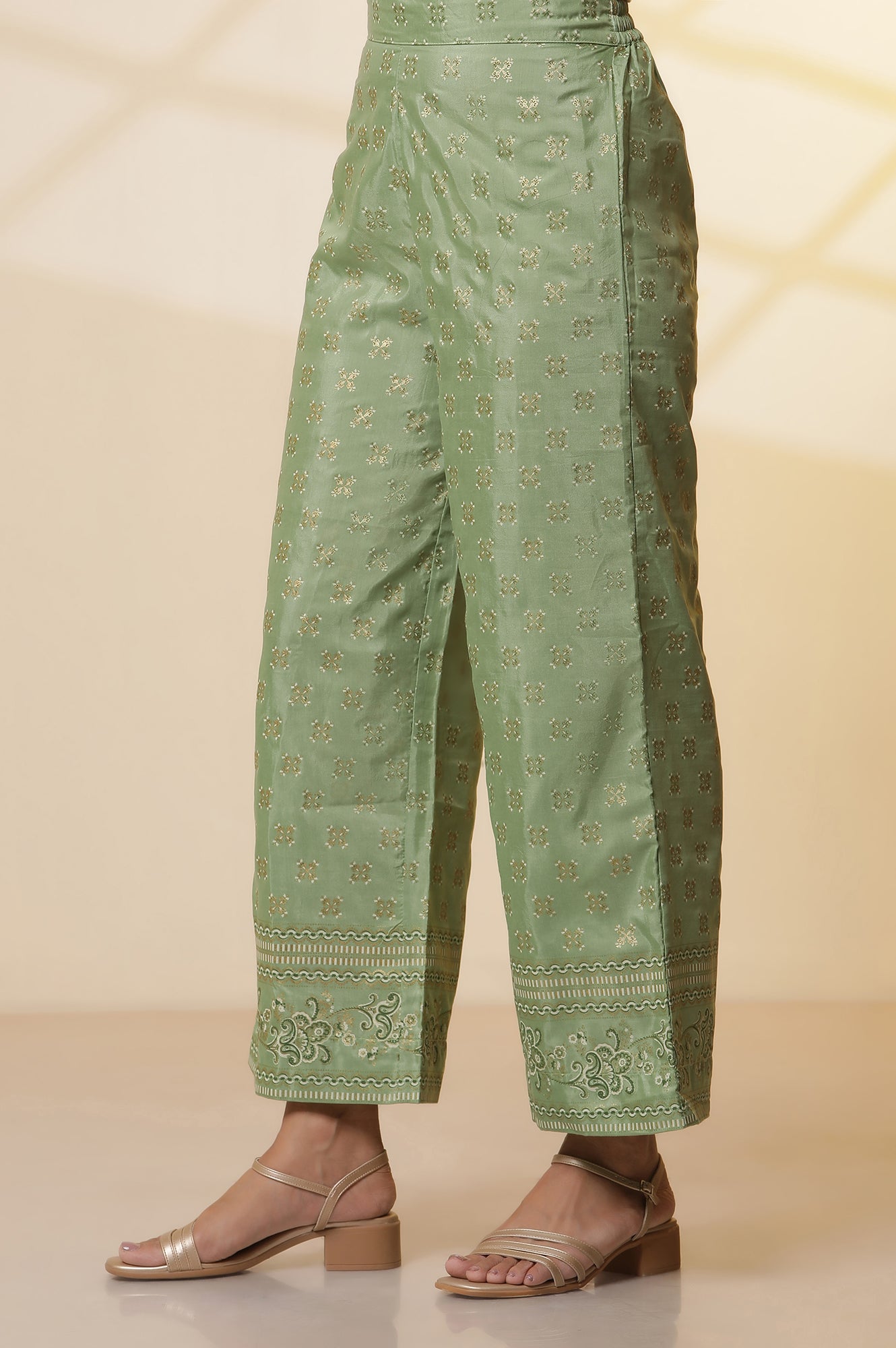 Pink-Floral-Foil-Printed-Sequined-Straight-Kurta,-Green-Printed-Palazzo-and-Dupatta-Set