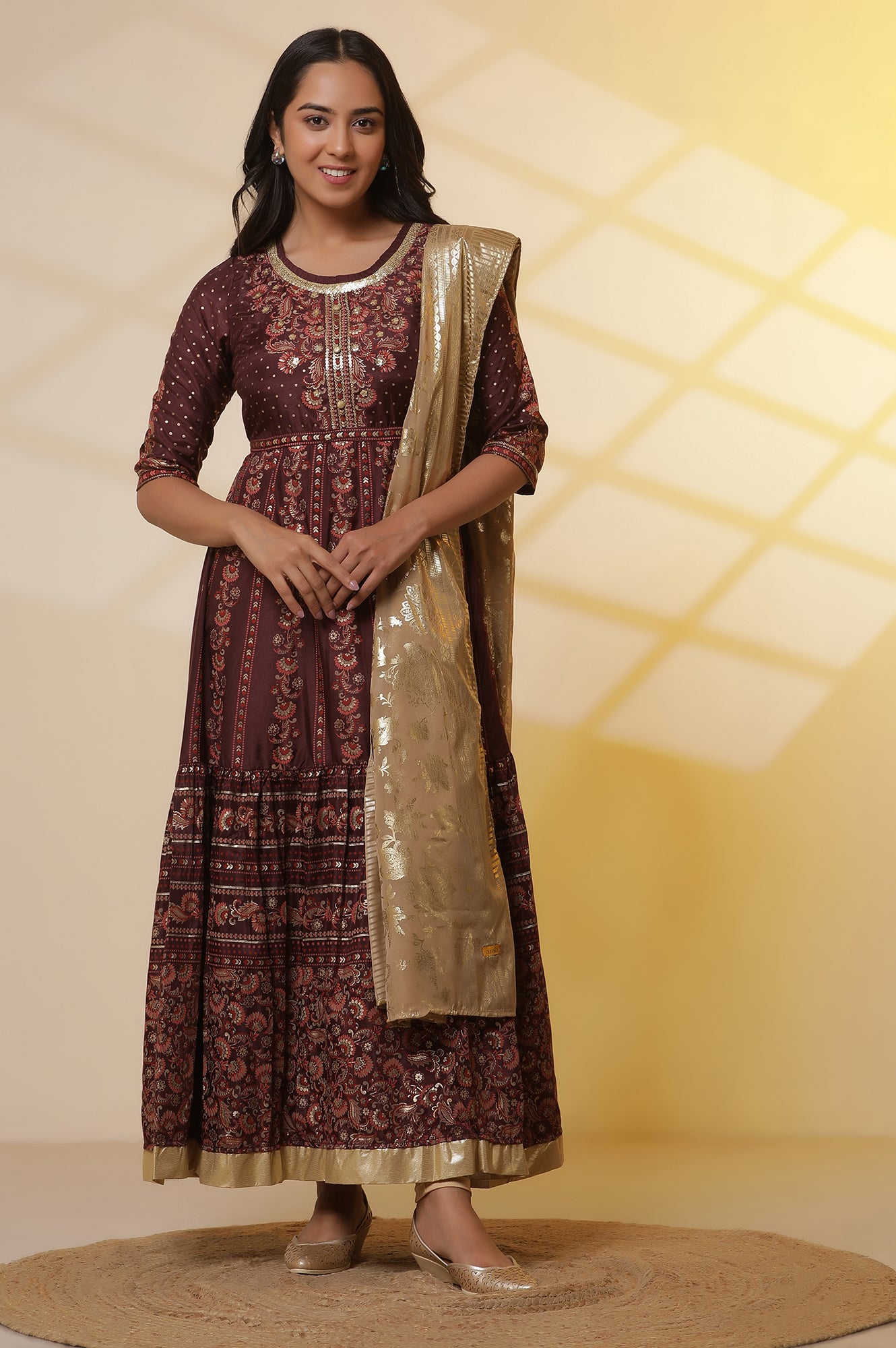 Dark-Wine-Foil-Printed-Flared-Dress,-Tights-and-Dupatta-Set