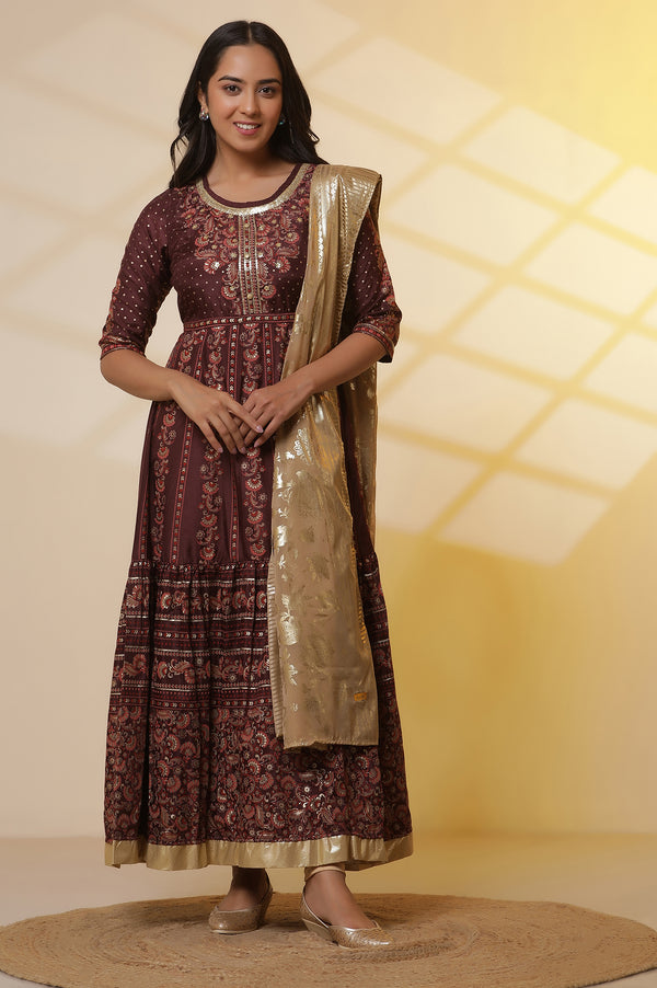 Dark Wine Foil Printed Flared Dress, Tights and Dupatta Set