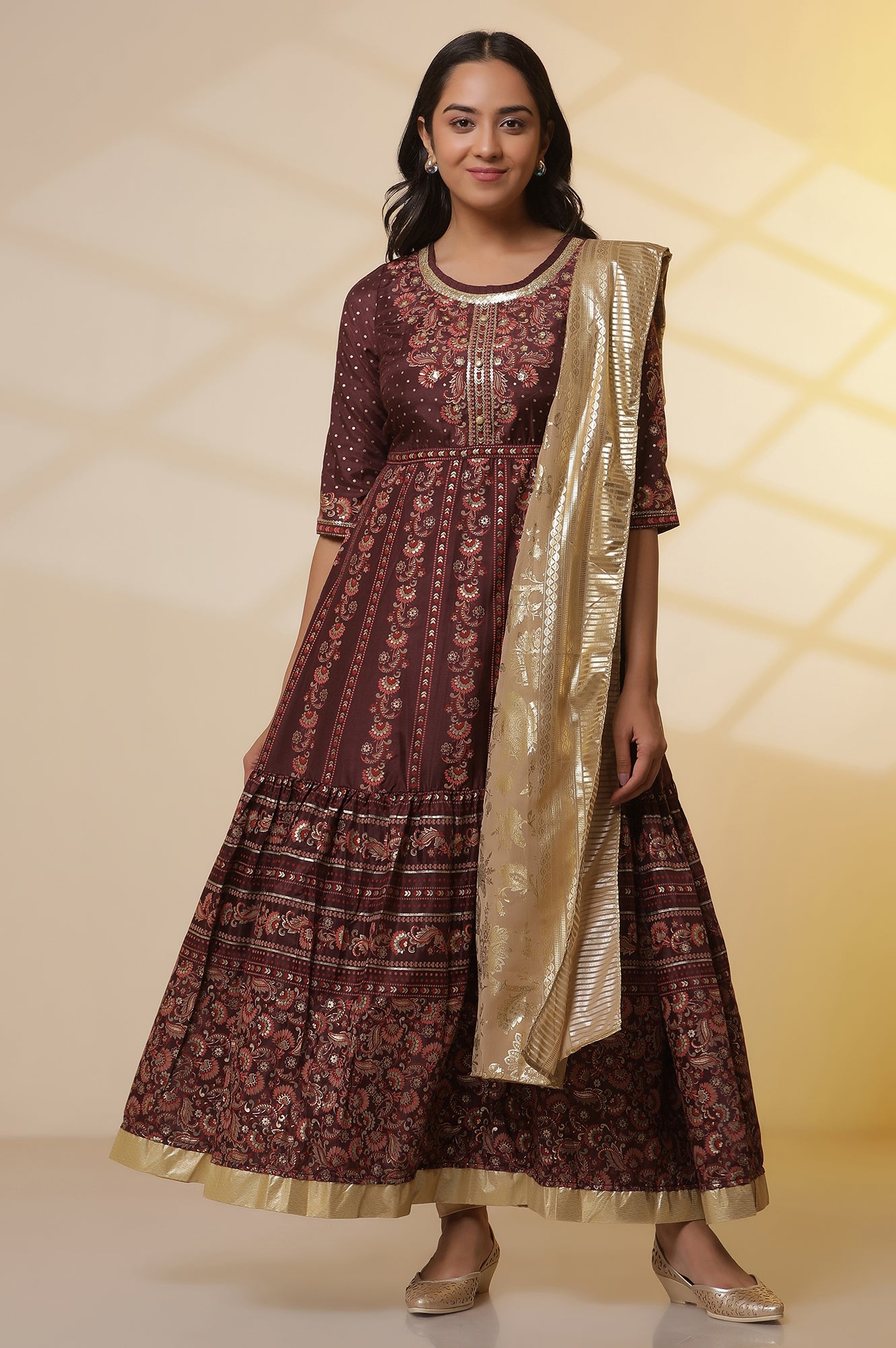 Buy Dark Wine Foil Printed Flared Dress Tights and Dupatta Set Online for Woman Shop for Aurelia