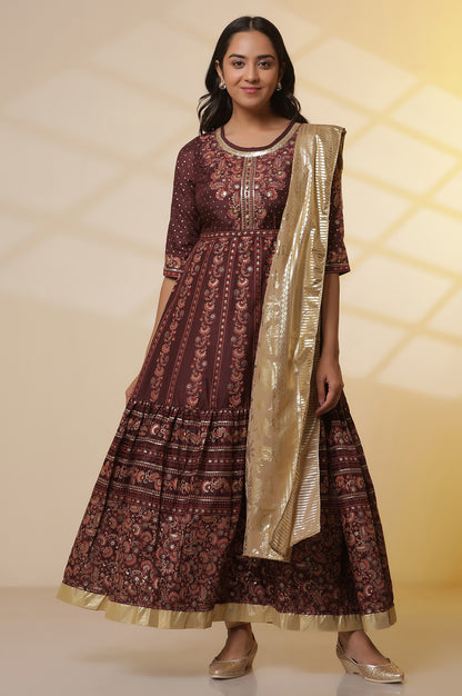 Dark-Wine-Foil-Printed-Flared-Dress,-Tights-and-Dupatta-Set