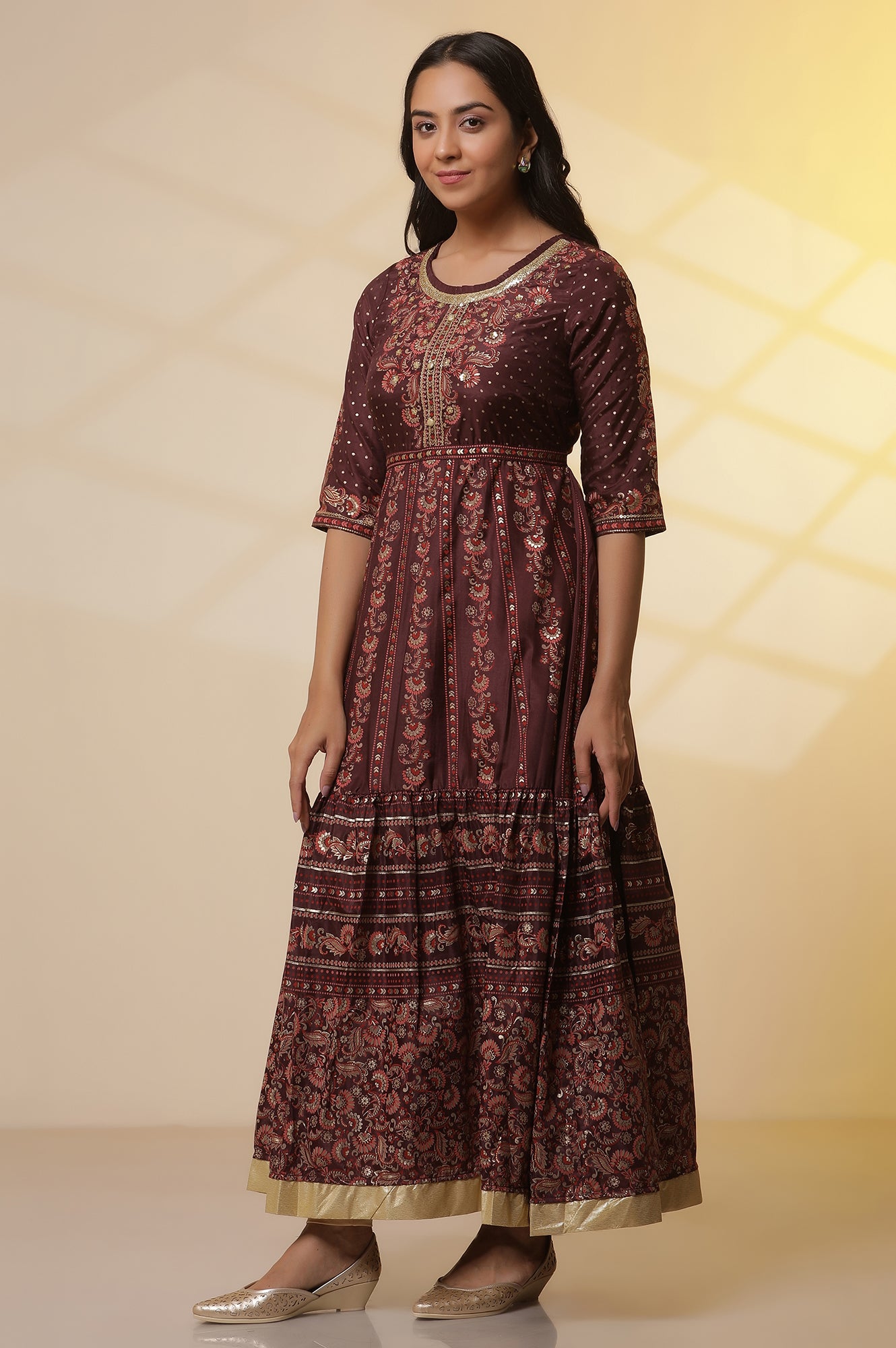 Dark-Wine-Foil-Printed-Flared-Dress,-Tights-and-Dupatta-Set